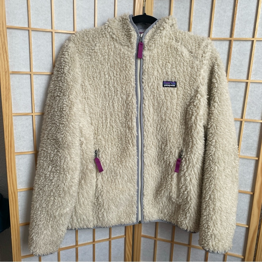 Patagonia Off-White Fleece Hooded & Lined Jacket with Purple Trim Zipper Pockets